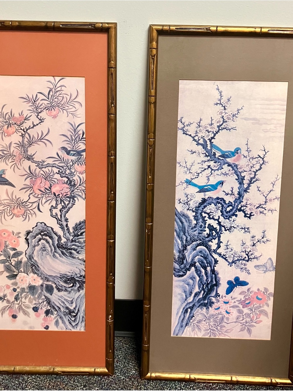 Framed Botanical Bird Wall Art Pair in Blue & Peach - Unbranded